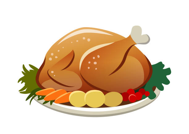 ilustrações de stock, clip art, desenhos animados e ícones de vector illustration of a roasted turkey on a platter with potatoes, carrots and greens. thanksgiving, christmas, dinner food themed design element, flat contemporary style isolated on white. - turkey thanksgiving cartoon animated cartoon