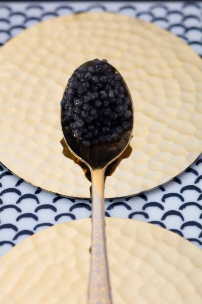 A real black caviar on a golden spoon in a beautiful black and white composition. Black plan, top view