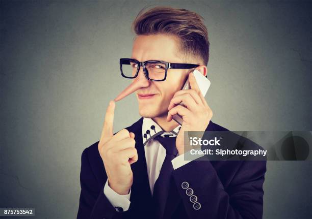Young Sly Man With Long Nose Talking On Mobile Phone Isolated On Gray Wall Background Liar Concept Human Emotion Feelings Stock Photo - Download Image Now