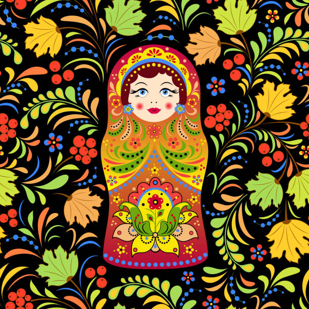 русская кукла матрешка и абстрактные цветы - russian nesting doll illustrations stock illustrations