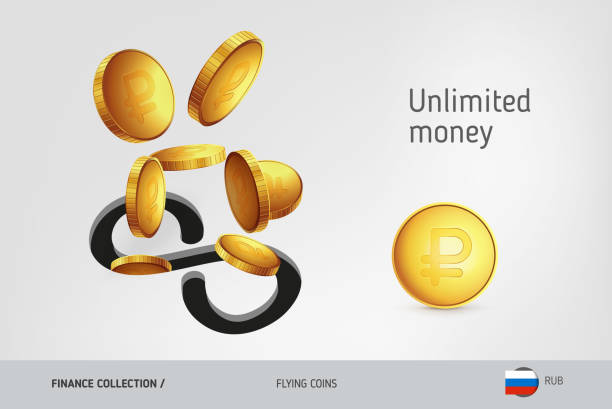 Infinity icon with flying Russian Ruble coins, finance concept. Vector illustration for print, websites, web design, mobile app, infographics. Flying coins ira approved gold and silver stock illustrations