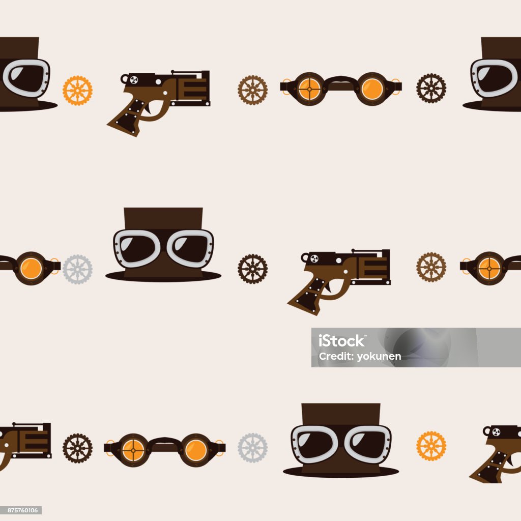 Seamless square pattern with steampunk accessories Seamless square pattern with steampunk accessories like old fashioned revolver, hat with aviator glasses and goggles on beige background. Seamless Pattern stock vector