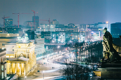 Winter cityscape at night in Berlin, Germany