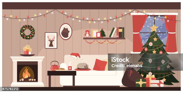 サンタさんの家のインテリア - クリスマスのベクターアート素材や画像を多数ご用意 - クリスマス, 居間, 暖炉