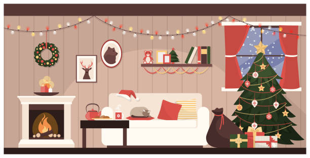 Santa's house interior Santa Claus home interior with Christmas tree, a sack with gifts and a cat sleeping on the sofa christmas christmas card christmas decoration decoration stock illustrations