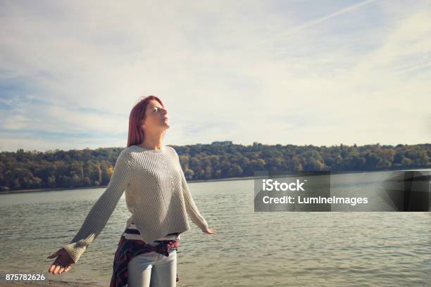 Enjoying In Sunshine By The River Stock Photo - Download Image Now - Holding Breath, Beach, Nature