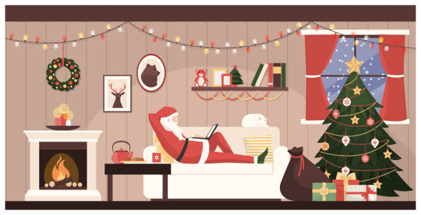illustrazioni stock, clip art, cartoni animati e icone di tendenza di interno della casa di babbo natale - christmas home
