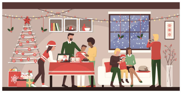 People celebrating Christmas at home People celebrating Christmas together at home: family connecting with mobile devices and a laptop, homosexual couple with their son posing for a picture and sweets on the table diverse family christmas stock illustrations