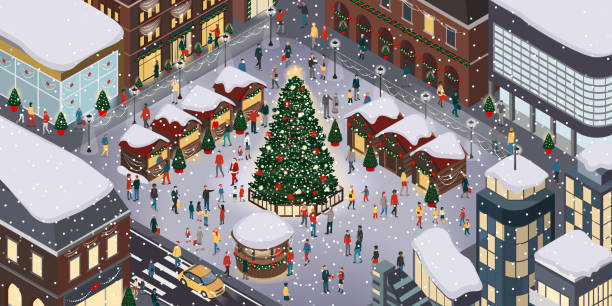 menschen, die weihnachten feiern - weihnachtsmarkt stock-grafiken, -clipart, -cartoons und -symbole