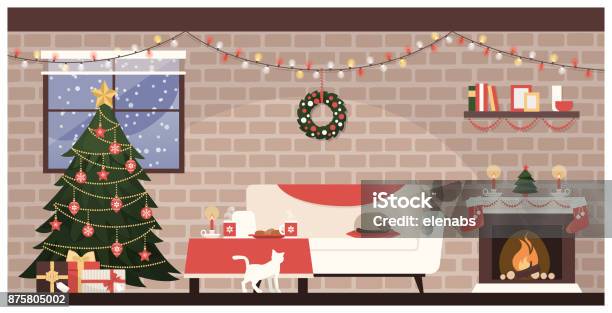 Christmas Home Interior - Arte vetorial de stock e mais imagens de Natal - Natal, Sala de Estar, Animal de Estimação