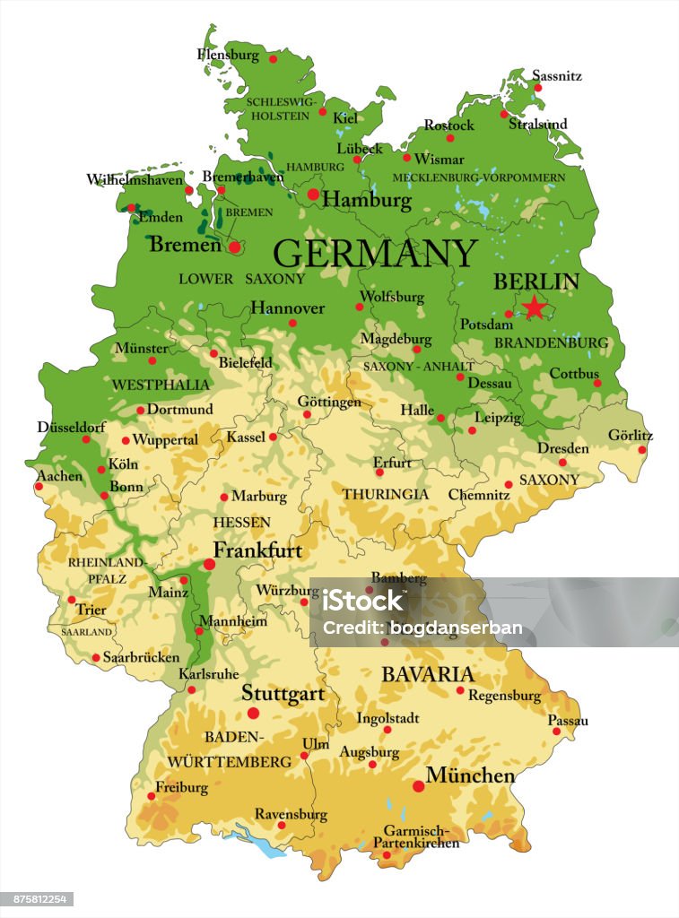 Mappa fisica della Germania - arte vettoriale royalty-free di Carta geografica