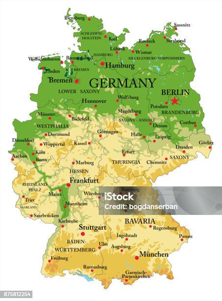 Germany Physical Map Stock Illustration - Download Image Now - Map, Germany, Baden-Württemberg
