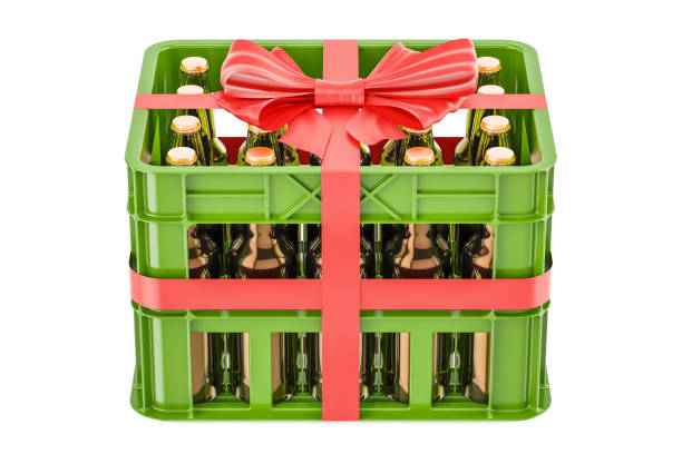 istock Crate full beer bottles with red bow and ribbon, gift concept. 3D rendering isolated on white background 875818888