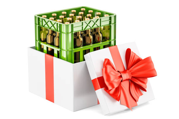 istock Gift box with crate full with beer bottles, 3D rendering isolated on white background 875818904
