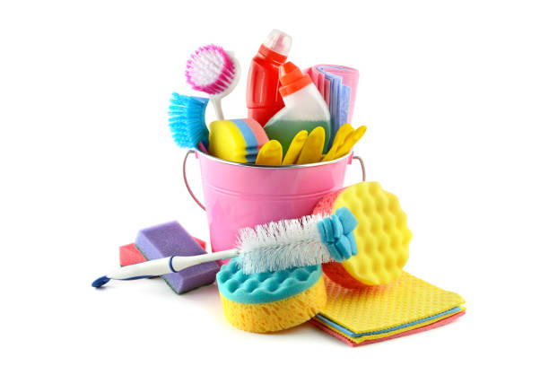 istock Set detergents in bucket (gloves, brushes, sponge, napkins 875827734