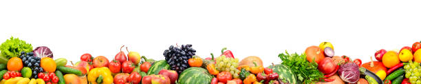 Panoramic collection fresh fruits and vegetables stock photo
