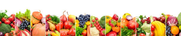 istock Panoramic collection fresh fruits and vegetables isolated on white. 875830260