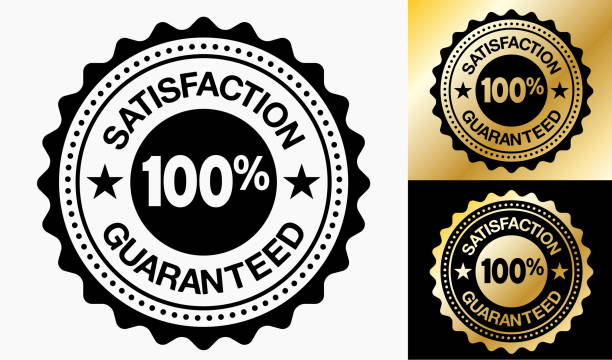 Satisfaction Guaranteed 100% Quality Badge. Satisfaction Guaranteed 100% Quality Badge. This royalty free vector illustration has a Satisfaction Guaranteed 100% written on a round badge. The badge is black and white in color and also has two more alternate versions in black and gold. The gold texture is shiny and has a gradient. This image is perfect for use in print, online and on mobile devices. Image is elegant and effective! satisfaction stock illustrations