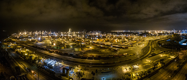 aerial view of ship yard at night