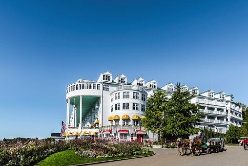 Mackinac Island, Michigan, USA - October 6, 2017: Grand Hotel on Mackinac Island, Michigan. The hotel was built in 1887 and designated as a State Historical Building.