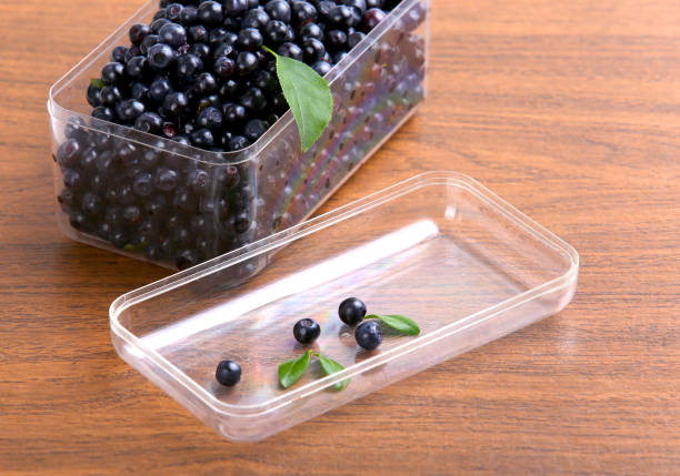 istock blueberries, currant with leaf in box on wooden background 875847726