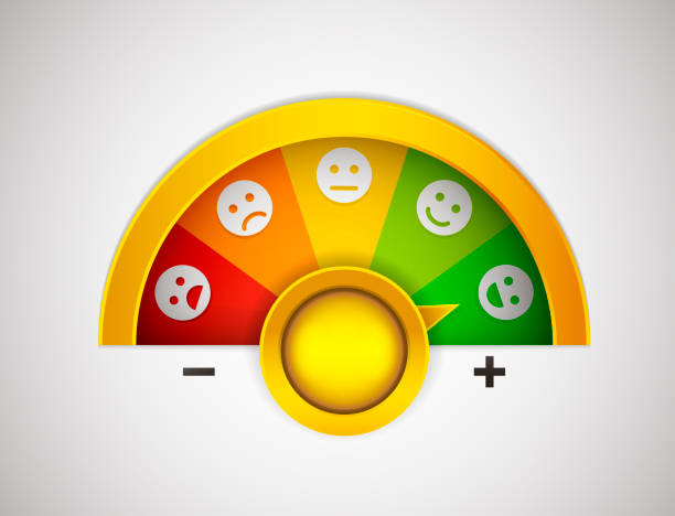 ilustrações de stock, clip art, desenhos animados e ícones de customer satisfaction meter with button, arrow and emotions that go from the most negative to the most positive. vector illustration - performance examining occupation discussion