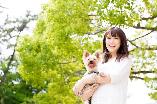 attractive asian woman relaxing in park with dog