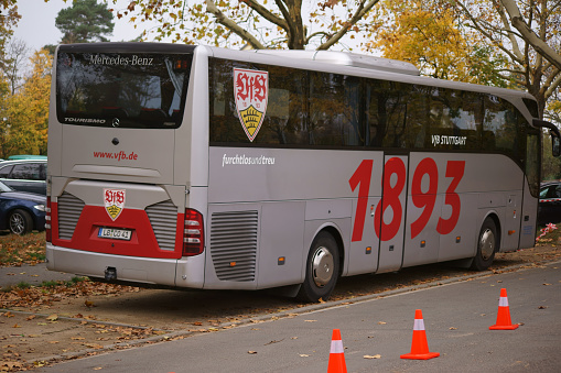Mainz, Germany - November 04, 2017: The team bus of the football club VFB Stuttgart with coats of arms at a game of the regional league on November 04, 2017 in Mainz.