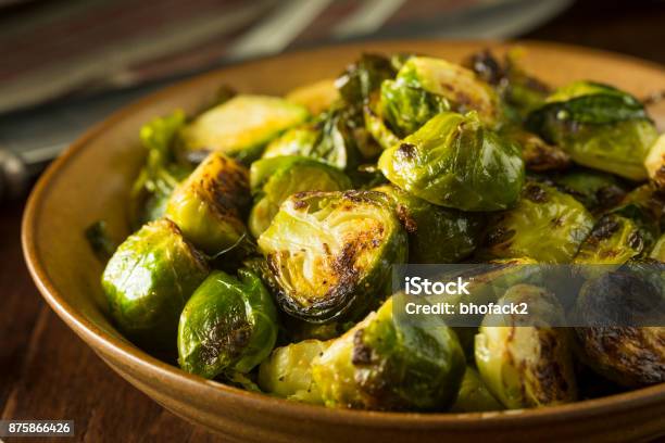 Homemade Roasted Green Brussel Sprouts Stock Photo - Download Image Now - Brussels Sprout, Roasted, Caramelized