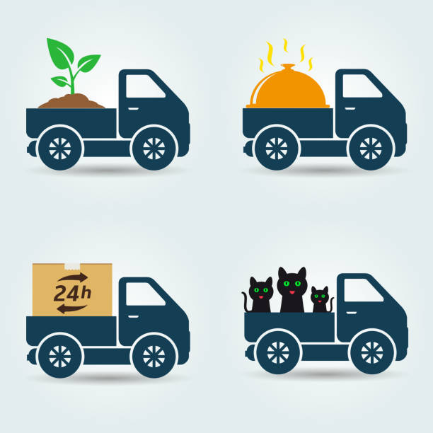 illustrazioni stock, clip art, cartoni animati e icone di tendenza di icone dei furgoni per la consegna di piante, cibo, animali e pacchi - semi truck truck cargo container vector