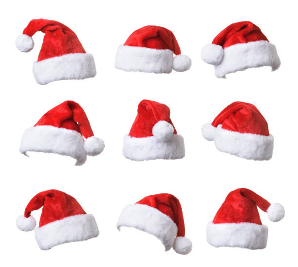 conjunto de sombrero rojo de santa claus aislado en fondo blanco - christmas hat fotografías e imágenes de stock