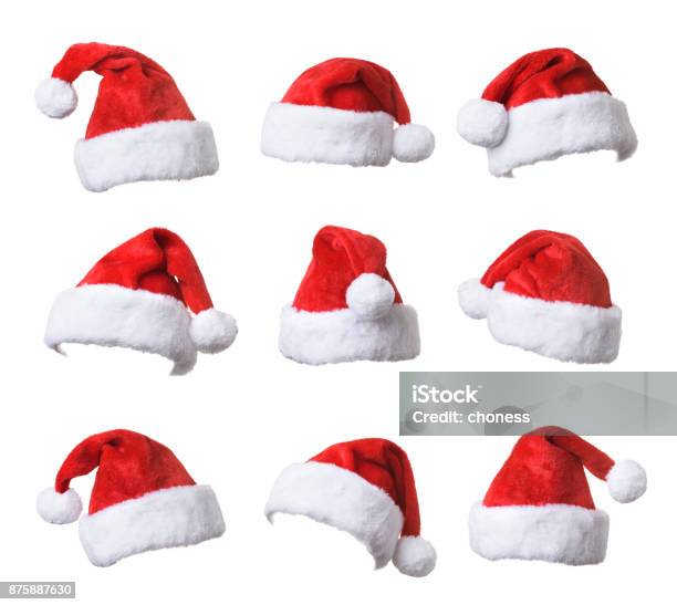 Conjunto De Sombrero Rojo De Santa Claus Aislado En Fondo Blanco Foto de stock y más banco de imágenes de Gorro de Papá Noel