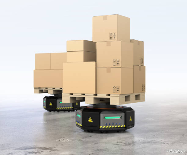 istock Black warehouse robot carriers carrying cardboard boxes 875899040