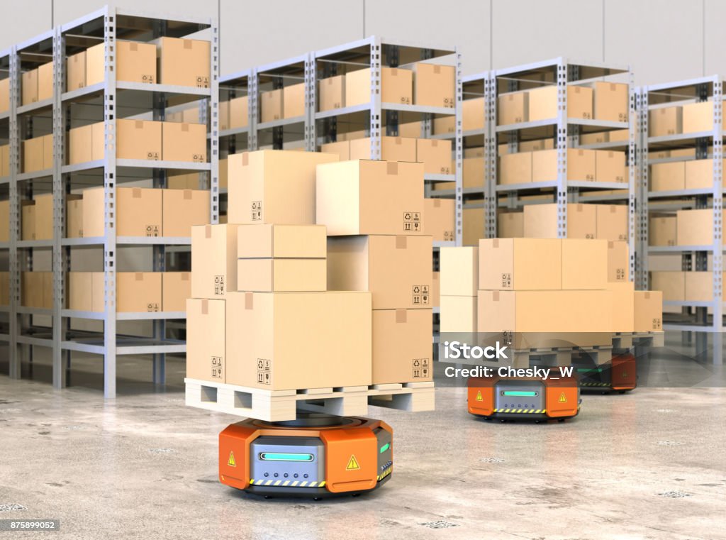 Orange robot carriers carrying pallets with goods in modern warehouse Orange robot carriers carrying pallets with goods in modern warehouse.  Modern delivery center concept. 3D rendering image. Robot Stock Photo