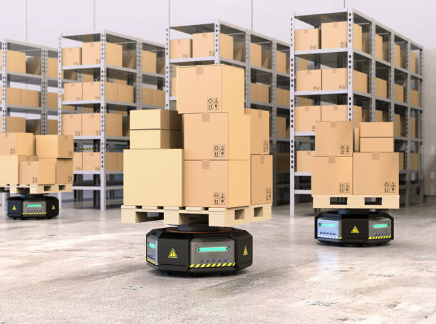 istock Black robot carriers carrying pallets with goods in modern warehouse 875899062