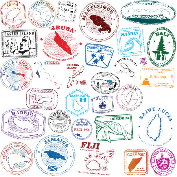 ilustraciones, imágenes clip art, dibujos animados e iconos de stock de estampillas de isla tropical - hawaii islands illustrations