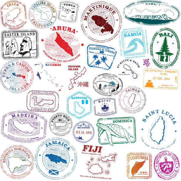 znaczki tropikalnej wyspy - japan spain stock illustrations