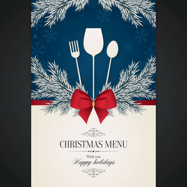 illustrazioni stock, clip art, cartoni animati e icone di tendenza di design speciale del menu festivo natalizio - pranzo di natale