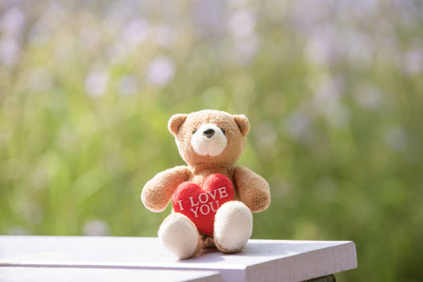 istock Brown bear and red heart with blurred floral floor. 875948110