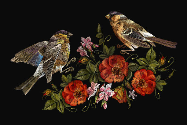 Embroidery birds and flowers vector. Classical embroidery bullfinch and titmouse, vintage buds of wild roses. Spring fashion art, template for design of clothes, t-shirt art Embroidery birds and flowers vector. Classical embroidery bullfinch and titmouse, vintage buds of wild roses. Spring fashion art, template for design of clothes, t-shirt art spring fashion stock illustrations