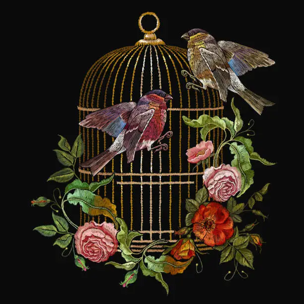 Vector illustration of Embroidery birds and birds cage and flowers vector. Classical embroidery bullfinch and titmouse, golden cage, vintage buds of wild roses. Spring fashion art, template for design of clothes, t-shirt