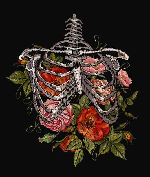 haft ludzkiej klatki piersiowej z czerwonymi różami. gotyckie hafty szkielet żeber i kwiatów. modne ubrania, projekt koszulki, piękne kwiaty, wektor w stylu renesansowym - flower anatomy stock illustrations