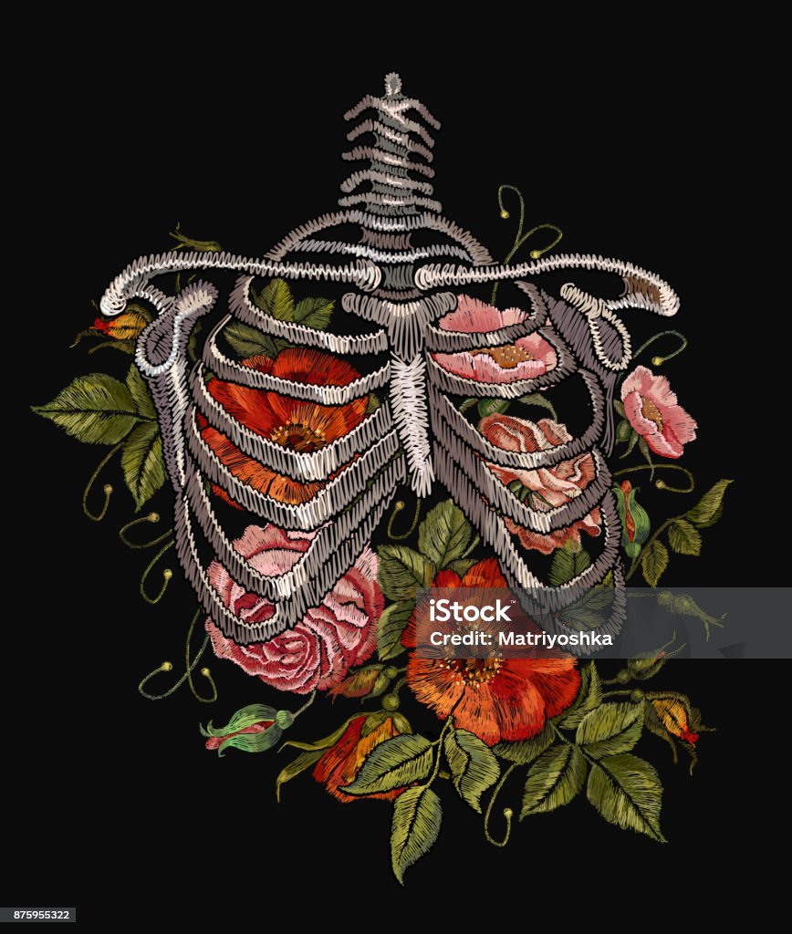 Embroidery human rib cage with red roses. Gothic embroidery skeleton ribs and flowers. Fashionable clothes, t-shirt design, beautiful flowers, renaissance style vector Flower stock vector