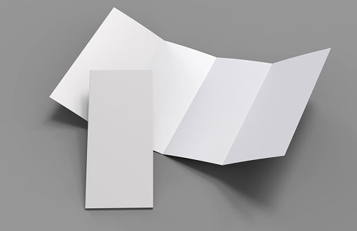 Doble puerta doble vertical cuatro panel folleto en blanco plantilla blanca para mock up y presentación de diseño. Ilustración 3D. photo