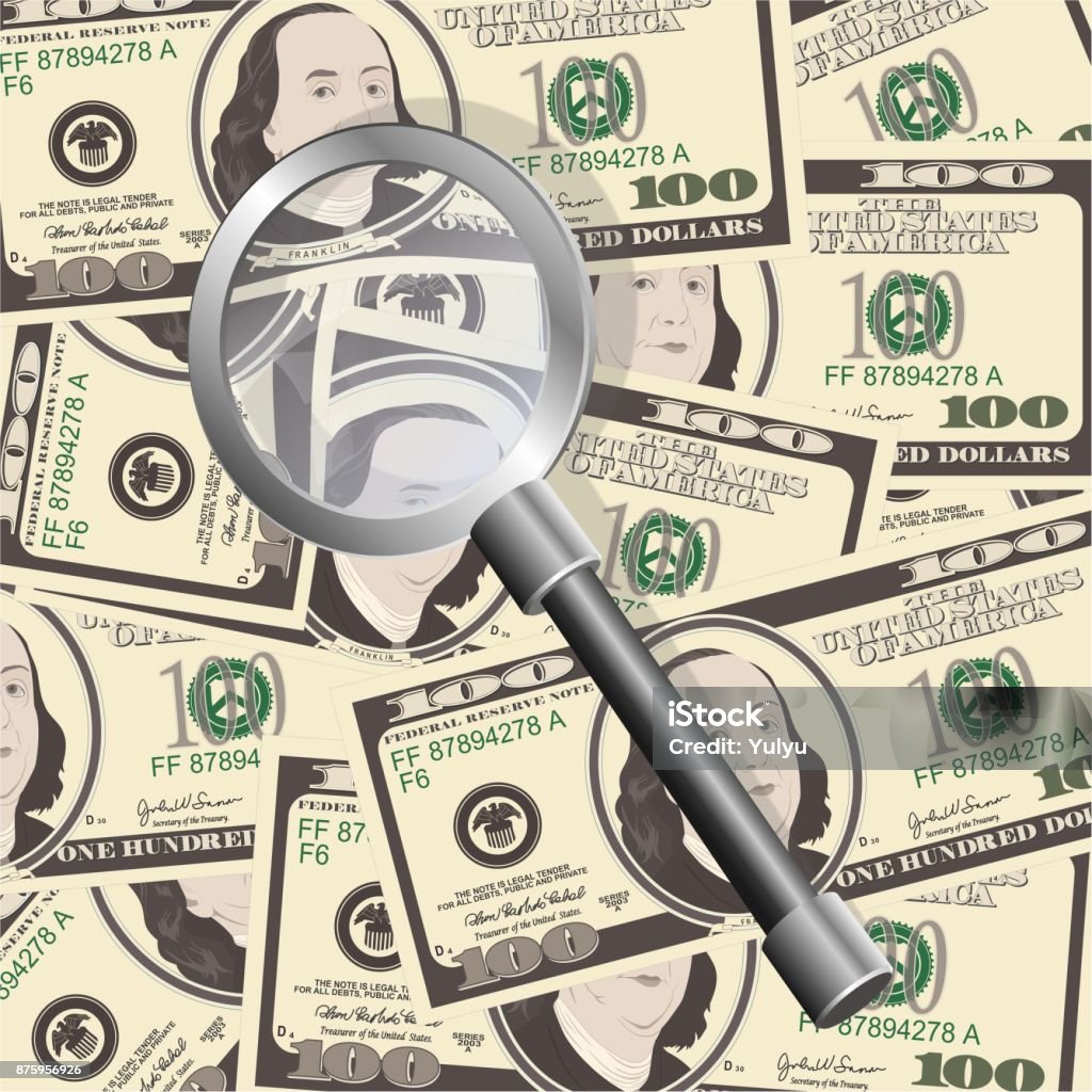 Close up view of American hundred dollar bills with magnifier. Close up view of American hundred dollar bills with magnifier. Money background for your business concept. Illustration of USA currency with loupe. American One Hundred Dollar Bill Stock Photo