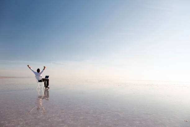 istock Business man with laptop working on the beach 875970608