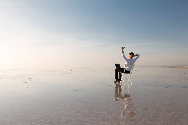 istock Business man with laptop working on the beach 875970678