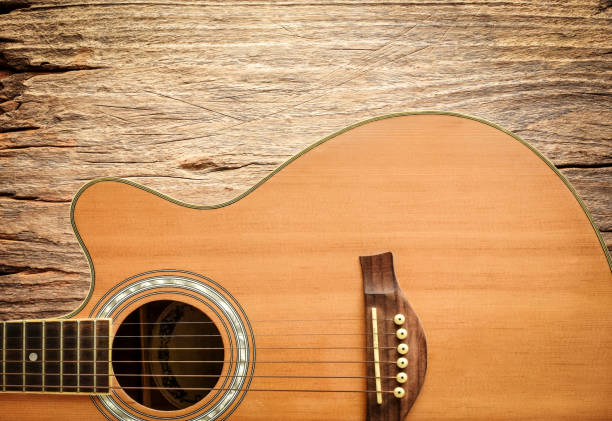istock Vintage acoustic guitar on rustic wood background. 875983330