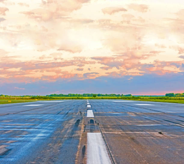 istock Asphalt road with a dividing strip in the horizon at sunset. 875983484