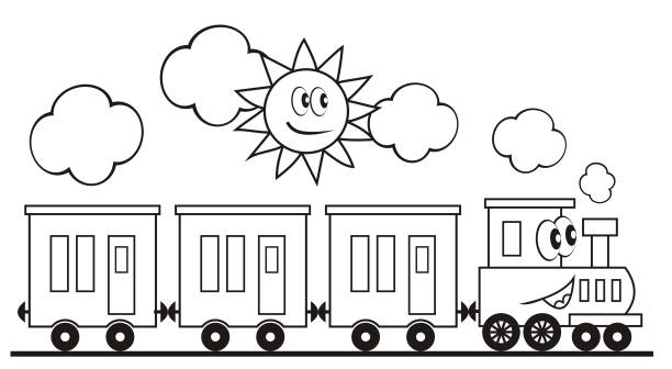 Train set, three wagons and locomotive. Funny vector illustration. Train set, three wagons and locomotive. Funny vector illustration. Train and sun. Locomotive with eyes and mouth. Coloring page for children. clip art of how to draw a train stock illustrations